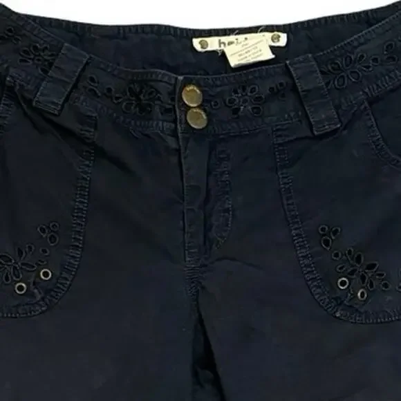 Hei Hei Anthropologie Shorts Women's 4 Cargo Bermuda Tie Hem Navy Eyelet Cotton - Picture 2 of 4